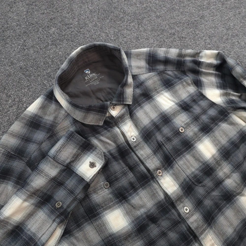 Kuhl Shirt Mens L Gray Plaid The Law Flannel Hiking Camp Outdoors Trail Casual